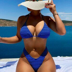 Blue summer beach triangle bikini set